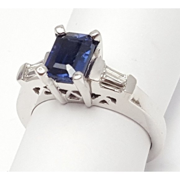 Unique 14K Solid White Gold Designer Sapphire & Baguette Diamond Ring - Size 5.5 - Picture 10 of 16